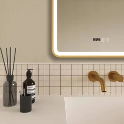 Arezzo Brushed Brass 600 X 800mm Rectangular LED Illuminated Anti-Fog Bathroom Mirror With Time Display -Ideal Standard Store arzim02bb d1