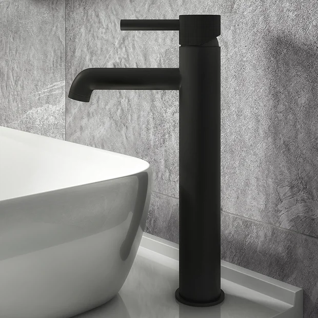 Arezzo Fluted Round Matt Black High Rise Mono Basin Mixer Tap 4 Arezzo Fluted Round Matt Black High Rise Mono Basin Mixer Tap - Image 2