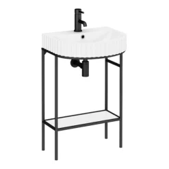 Arezzo D Shaped Matt Black Washstand With Gloss White Open Shelf And Fluted Basin -Ideal Standard Store azb223ws d3