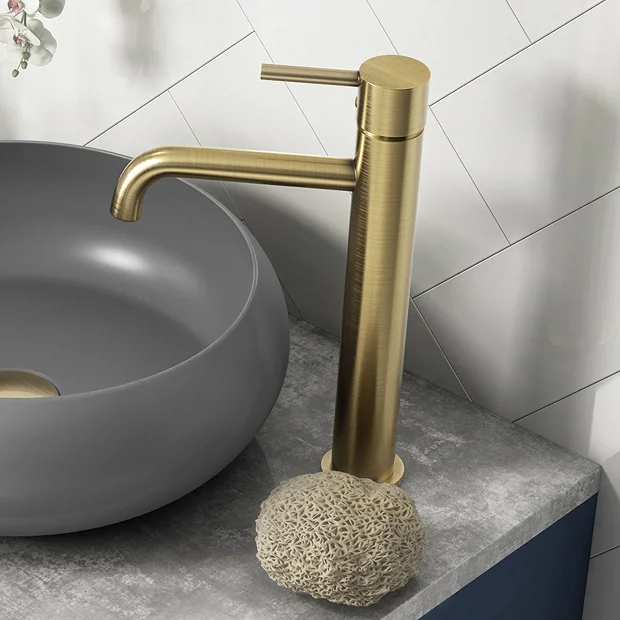 Arezzo Round Brushed Brass High Rise Mono Basin Mixer Tap 4 Arezzo Round Brushed Brass High Rise Mono Basin Mixer Tap - Image 2