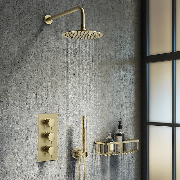 Arezzo Brushed Brass Round Thermostatic Shower Pack With Wall Mounted Head + Handset 4 Arezzo Brushed Brass Round Thermostatic Shower Pack With Wall Mounted Head + Handset - Image 2