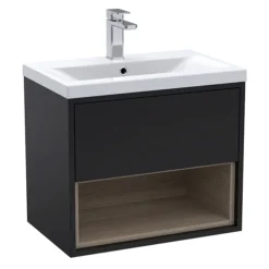 Arezzo Senza 600mm Matt Black / Vicenza Oak Wall Hung Vanity Unit With Open Shelf + Ceramic Basin 9 Arezzo Senza 600mm Matt Black / Vicenza Oak Wall Hung Vanity Unit With Open Shelf + Ceramic Basin -Ideal Standard Store azblavo6d2