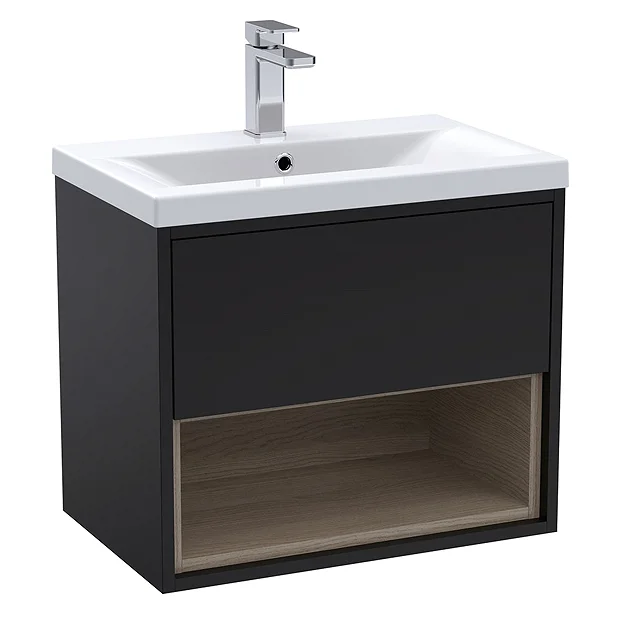 Arezzo Senza 600mm Matt Black / Vicenza Oak Wall Hung Vanity Unit With Open Shelf + Ceramic Basin 6 Arezzo Senza 600mm Matt Black / Vicenza Oak Wall Hung Vanity Unit With Open Shelf + Ceramic Basin - Image 4