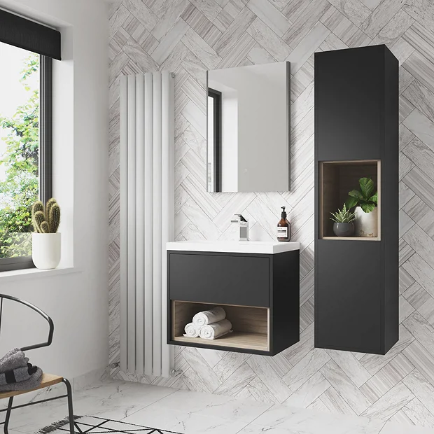 Arezzo Senza 600mm Matt Black / Vicenza Oak Wall Hung Vanity Unit With Open Shelf + Ceramic Basin 3 Arezzo Senza 600mm Matt Black / Vicenza Oak Wall Hung Vanity Unit With Open Shelf + Ceramic Basin