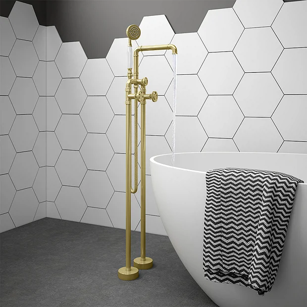 Arezzo Brushed Brass Industrial Style Freestanding Bath Shower Mixer Tap 4 Arezzo Brushed Brass Industrial Style Freestanding Bath Shower Mixer Tap - Image 2