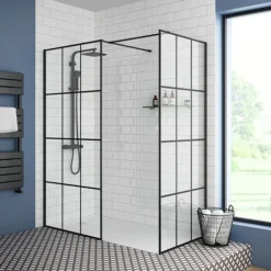 Arezzo 1950mm Matt Black Grid Wetroom Screen + Support Arm -Ideal Standard Store mbg d1