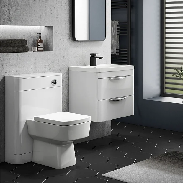 Monza Gloss White Wall Hung Sink Vanity Unit + Square Toilet Package 4 Monza Gloss White Wall Hung Sink Vanity Unit + Square Toilet Package - Image 2