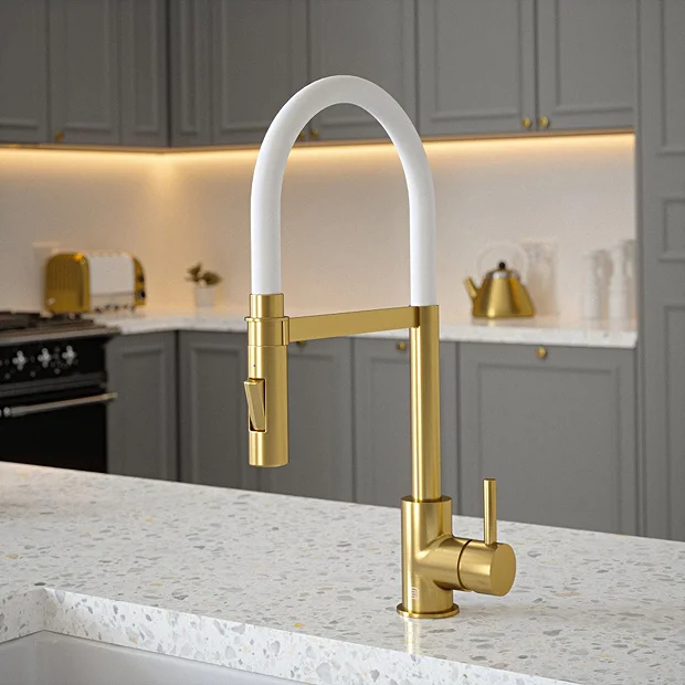 The Tap Factory Vibrance Tube Brushed Brass Kitchen Tap With Spray Function 3 The Tap Factory Vibrance Tube Brushed Brass Kitchen Tap With Spray Function