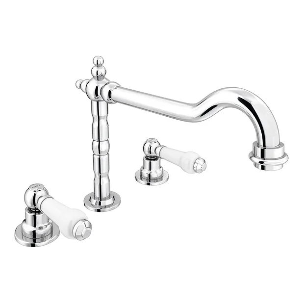 Chatsworth 1928 Traditional 3TH White Lever Deck Mounted Basin Mixer Tap With Curved Spout 4 Chatsworth 1928 Traditional 3TH White Lever Deck Mounted Basin Mixer Tap With Curved Spout - Image 2